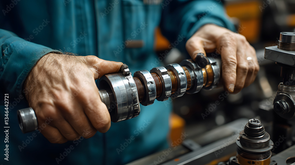 Poster A mechanic works on a precision engine component, showcasing expertise and craftsmanship in a workshop setting