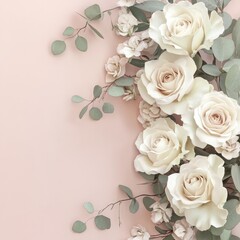 A bridal bouquet of white roses, a symbol of love and beauty, blossoms with delicate petals against a pure white backdrop