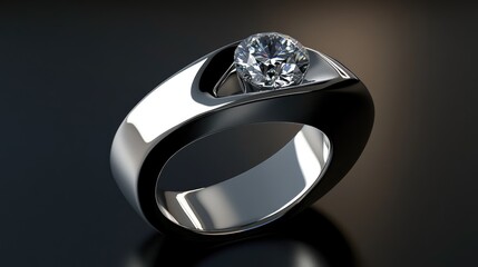 A high-polish silver diamond ring with a unique curved band reflecting light against black satin