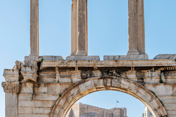 The Acropolis of Athens, Greece, framed by the Arch of Hadrian in the foreground