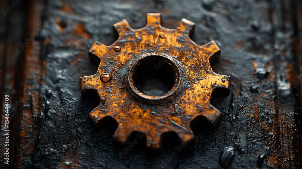 Poster a close-up view of a rusty gear, showcasing its intricate design and weathered texture against a dar