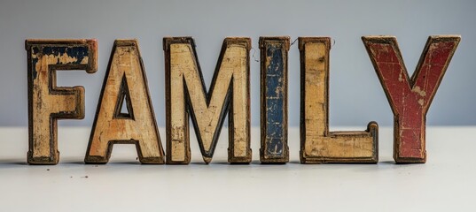 Rustic Wooden Letters Spelling FAMILY With Vintage Texture On White Backdrop Of Faded Sign
