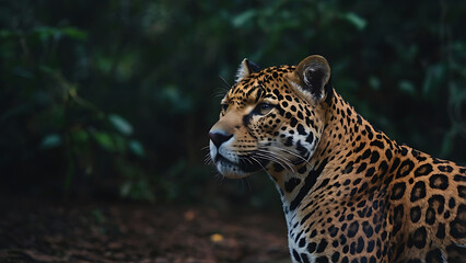 Fototapeta premium Jaguar Portrait Looking Sideways in Jungle Habitat Wild Animal Theme