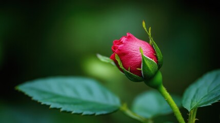 Red rose bud blooming, garden, dark background, nature photography