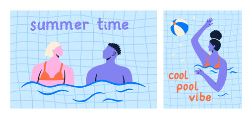 Set of a summer pool background. Man and womans swimming, diving. Summer colorful vector illustration for card, poster, design.
