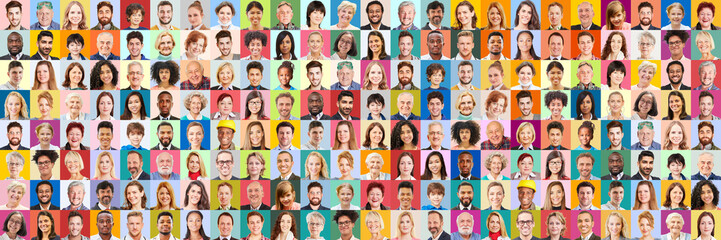Portraits von vielen Generationen vor bunten Hintergründen als Gesellschaft Konzept