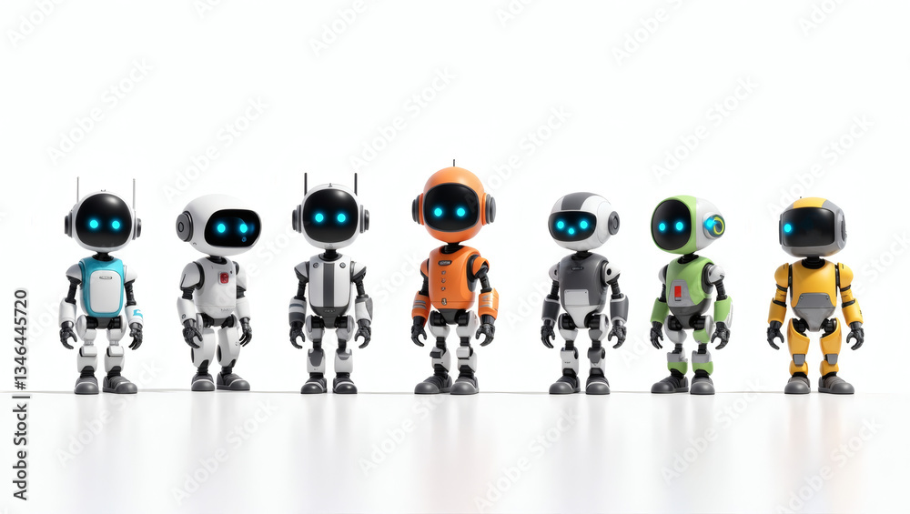 Poster a row of diverse, colorful robots standing side by side