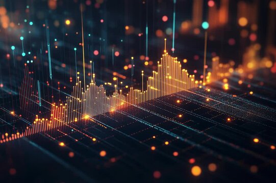 Photorealistic 3D bar chart showing business performance metrics in a modern office setting, business data visualization, statistical analysis illustration