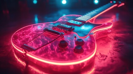 Neon-lit electric guitar on stage, concert background, music promo