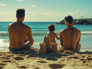 Rear view of two men and their son admiring the ocean sitting on the sand near a sandcastle