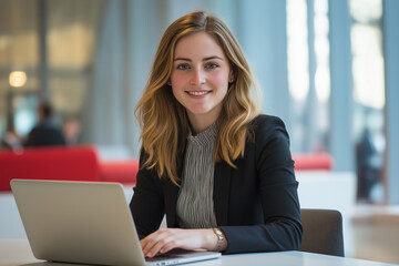 Portrait of a smiling business woman working on a laptop 