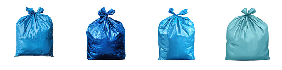 Fototapeta premium Assortment of blue and green plastic garbage bags used for storing transporting and disposing of household and industrial waste and recyclable materials