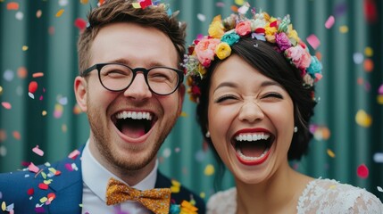couple caught in a joyous confetti shower during a lively parade expressions radiating happiness and surprise at the festive moment