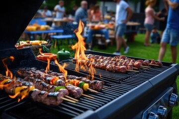 Outdoor picnic featuring a barbecue grill filled with juicy grilled delights, perfect for summer gatherings.