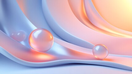 Soft pastel spheres rest gently on flowing curves bathed in warm light. AI Generated