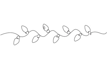 One continuous line drawing of Christmas garland with light bulbs, Festoon, garland with bulbs drawing with one continuous line. Festive, Christmas garland in simple linear style.