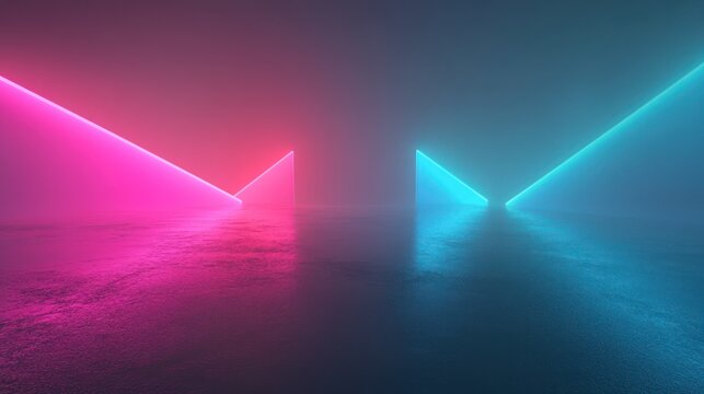Pink blue neon lasers futuristic stage smoky background