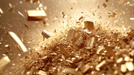 Gold explosion, fragments falling, studio backdrop, luxury ad