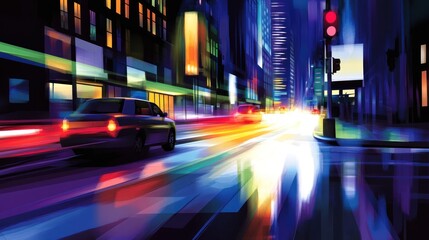 Night city street car driving, vibrant lights, blurred motion, advertising backdrop, urban travel