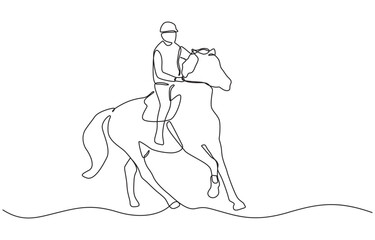 Single continuous line drawing of young professional horseback rider walking with a horse, Single Line Drawing Style with Editable Stroke.