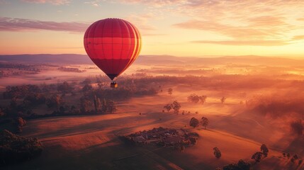 Obraz premium Red hot air balloon sunrise flight over misty valley