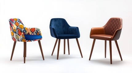 Modern Upholstered Dining Chairs Against White Background. Possible Use Stock photo for interior design or furniture catalogs.