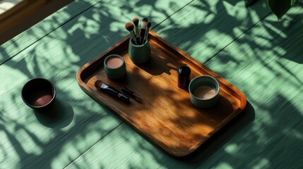 A rustic vanity tray with ceramic holders for makeup essentials on a muted sage green background