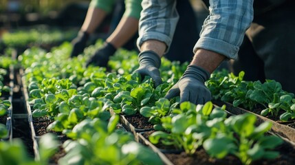 Fototapeta premium Farmers planting seedlings in a sunny greenhouse