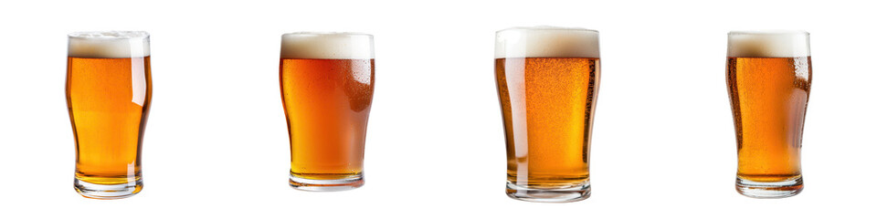 Four glasses filled with amber colored craft beer showcasing the rich color and foamy head that are characteristic of a traditional draft beer