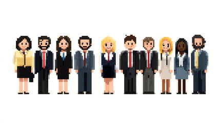  8-bit pixel art of business people smiling and standing