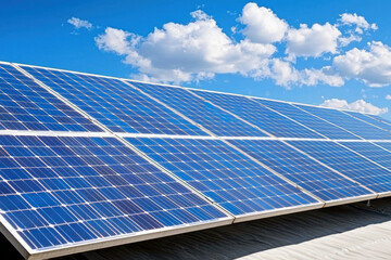 Solar panels reflecting bright blue sky with fluffy clouds, showcasing renewable energy