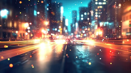 Obraz premium Night city street, blurred lights, snow falling, speed, advertisement
