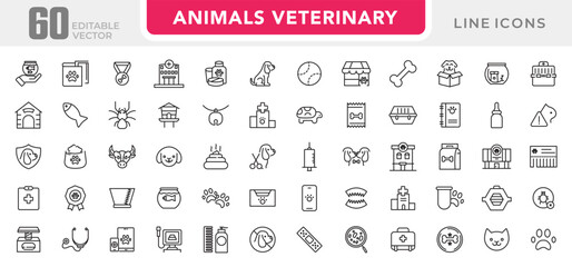 Veterinary, pet, vet, pet shop, dog care, training, cat, food line icons set collection. Outline icon collection. Pets line icons. Lovely animals icon pack. Vaccine, pet care, and dog paw