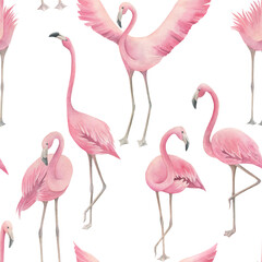 Jungle summer print. Watercolor seamless pattern with  pink flamingos  on white background. Hand drawn illustration