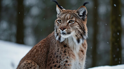 Obraz premium Lynx Portrait in Winter Snow Forest Looking to the Side