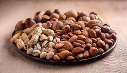 Fototapeta premium A mixture of different types of nuts. Rich in protein, fiber and healthy fats. Can be consumed in snacks and as a snack.