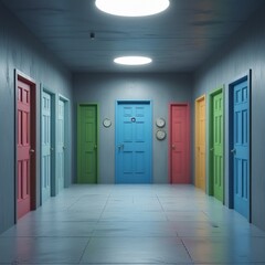 The space features 11 unique doors, each showcasing a different era, creating a surreal and mysterious atmosphere, inviting exploration and wonder.