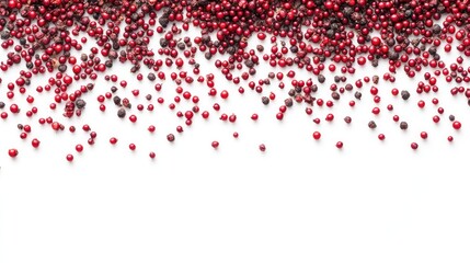 Obraz premium Red peppercorns scattered, white background, spice banner, food photography