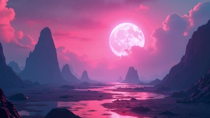Enigmatic Pink Moon Over Alien Landscape: Serene Twilight Fantasy World Scene - Powered by Adobe