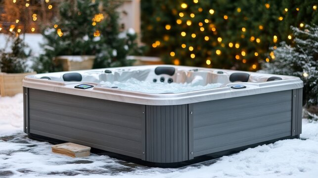 Inviting Empty Hot Tub with Steam on a Snowy Patio, Surrounded by Evergreen Trees and Holiday Lights