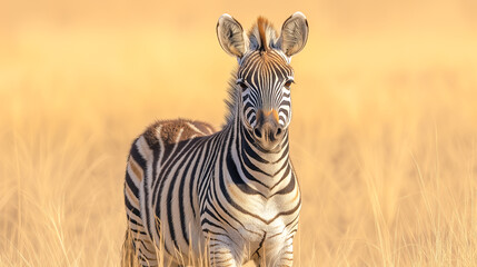 Obraz premium Zebra standing in golden grasslands under a clear sky during daylight hours