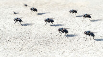 Flies walking on pavement, sunny day, pest control