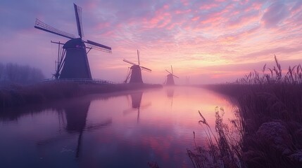 Misty sunrise over Dutch windmills, canal reflections, peaceful landscape, postcard