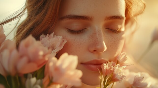 National Sense of Smell Day. A close-up portrait of a woman with eyes closed inhaling the fragrance of a bouquet of fresh spring flowers
