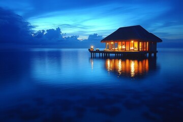 Fototapeta premium Blue hour at a tropical island with a traditional Maldivian house on the water, pier, and reflections in the calm sea.