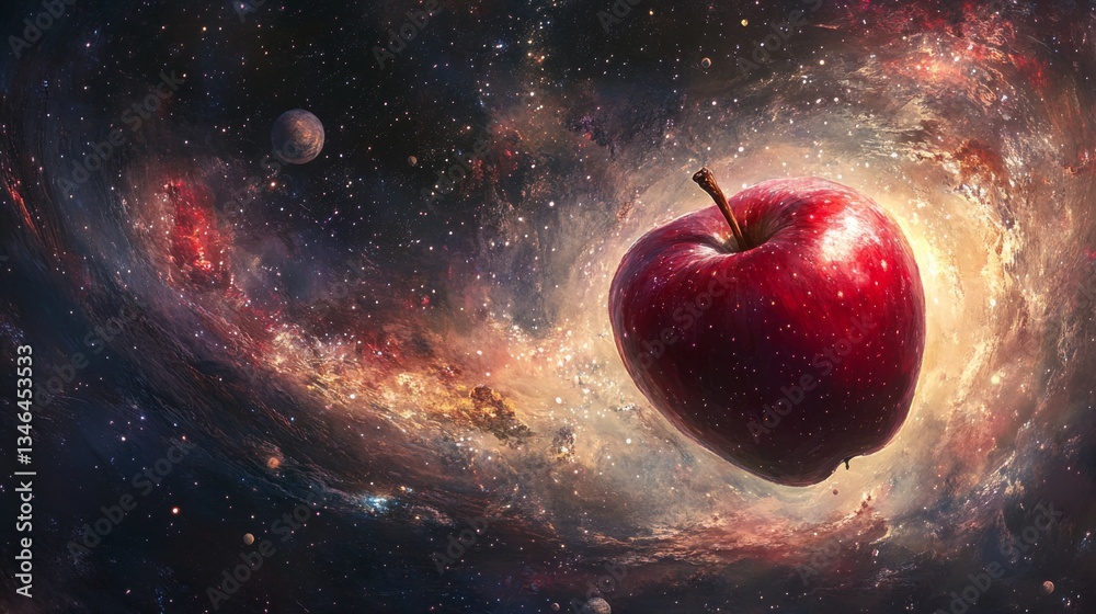 Fototapete a striking image of a red apple suspended within a colorful nebula, surrounded by stars and swirling