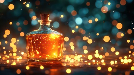 Glowing potion bottle, magical bokeh background, fantasy setting, game design