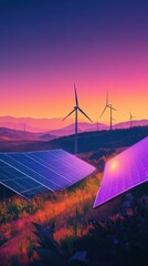Futuristic renewable energy farm with solar panels and wind turbines, vibrant depiction, isolated with a clean gradient background for clarity and rendering.