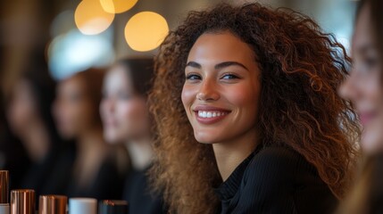 A group of beauty professionals attending a cosmetic business seminar, networking and discussing industry trends