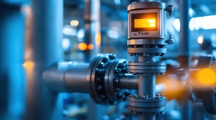 Industrial digital flow meter, pipeline, factory, process control, background lights, energy production